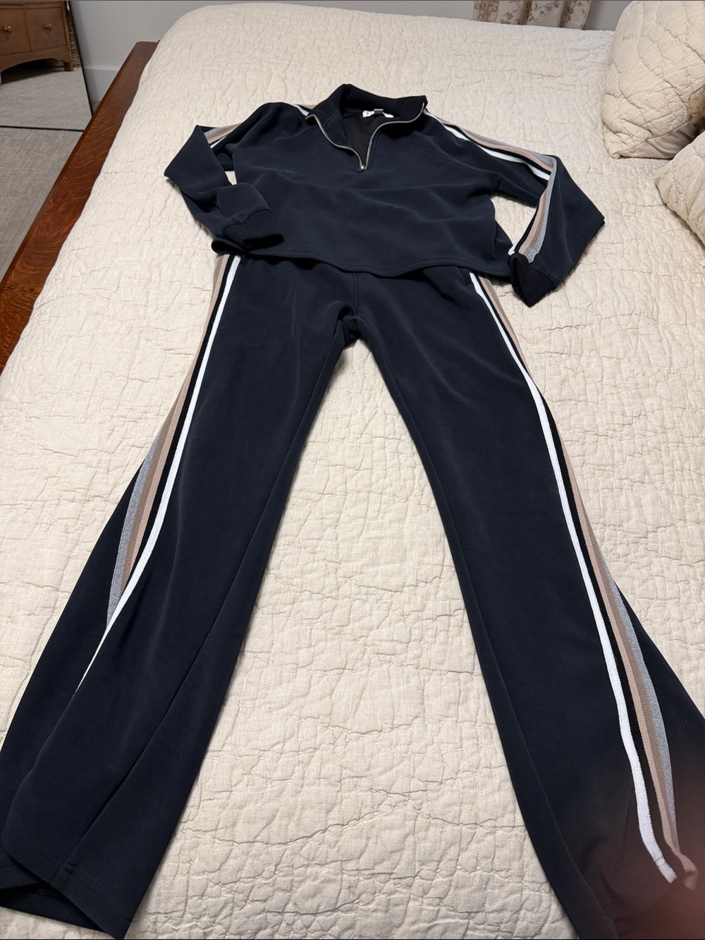 Spiritual Gangster Black Wide-Leg Track Pants with White and Tan Side Stripes